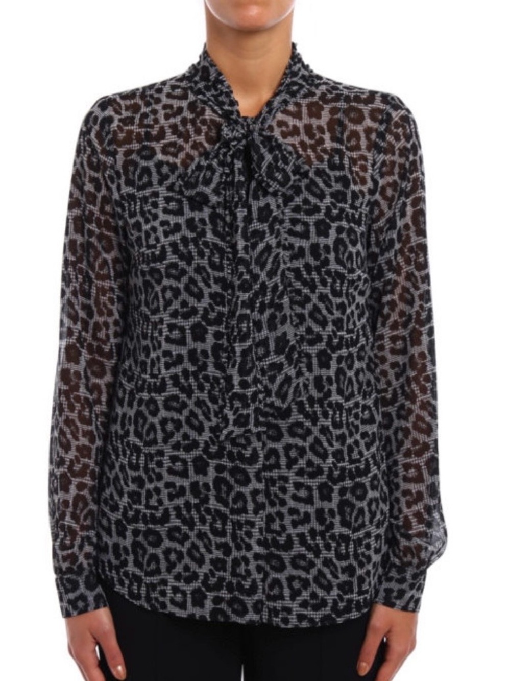 Michael Kors Black and Gray Leopard-Print Tie-Neck Blouse